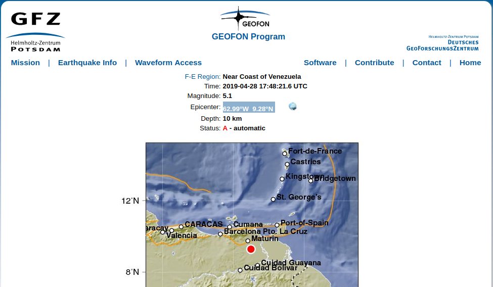 GEOFON GMZ Postdam; indicó que el evento sísmico estuvo localizado cerca de la costa de Venezuela.