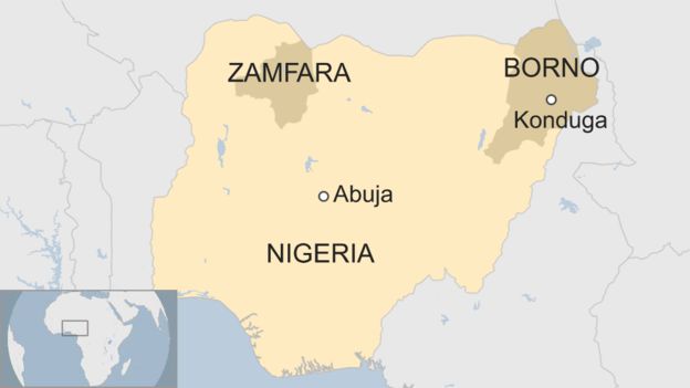 Kodunga,en el estado de Borno,al noreste de Nigeria. Mapa: fuentes.