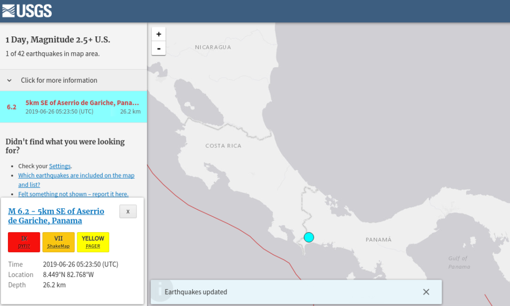 USGS recalificó el sismo en su sitio web, colocándolo en una magnitud de 6,2. Foto: USGS.