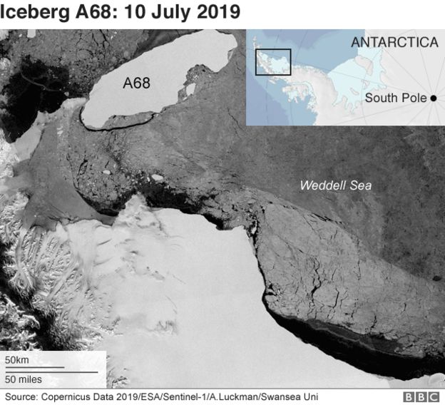 Foto satelital del Iceberg A68 de 160 Km de largo, alejándose del Polo Sur. Foto: fuentes.