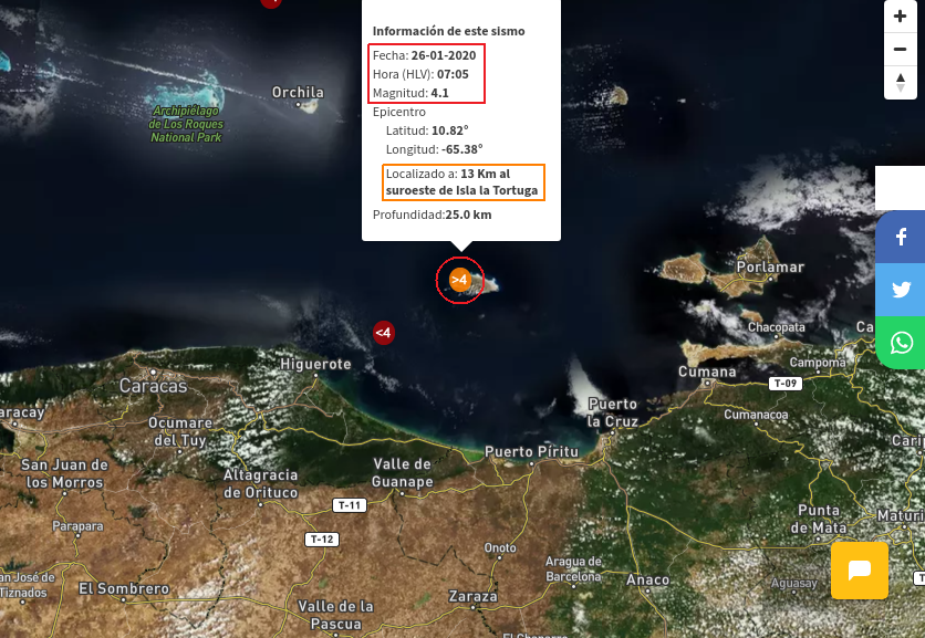 Detalles del Sismo ocurrido en Isla La Tortuga. Captura de pantalla/Funvisis