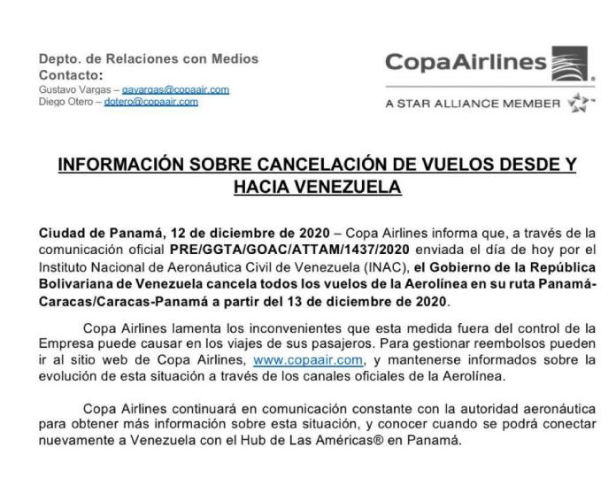 Inac suspendió vuelos a Panamá