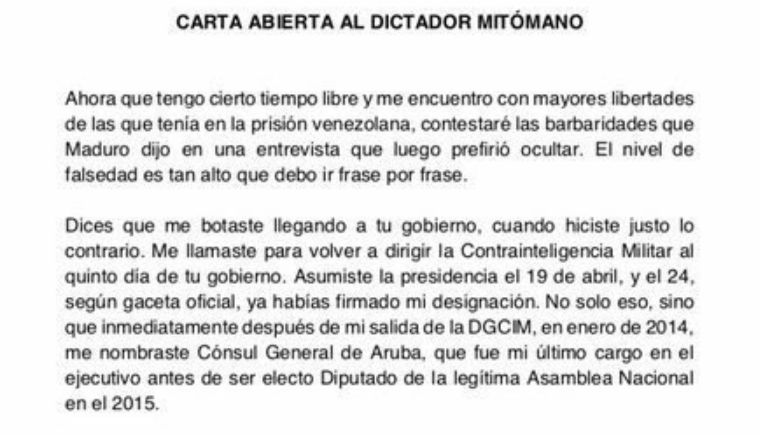 Carta Abierta de Hugo Carvajal a Maduro (Parte 1). Foto: redes.