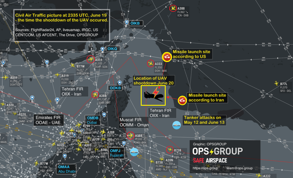Según datos aportados por la organización OpsGroup, existían vuelos comerciales cercanos al dron derribado. Infografía: OpsGropup.
