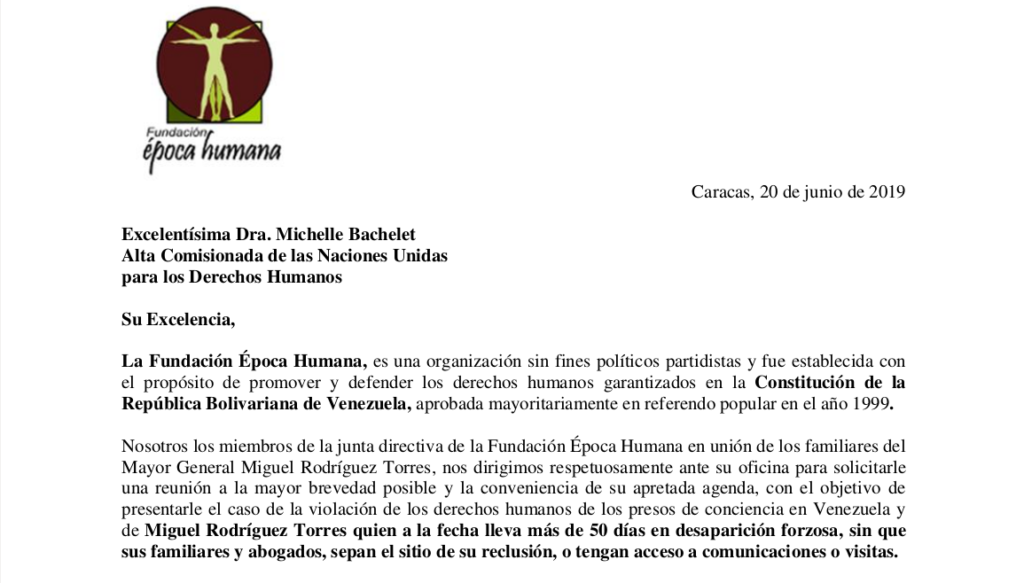 1/6: Texto de la Carta de la Fundacion "Época Humana" a la Alta Comisionada Michelle Bachelet. Fuente: Fundación "Época Humana".