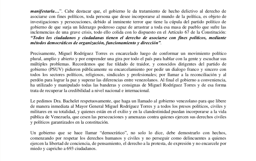 5/6: Texto de la Carta de la Fundación "Época Humana" a la Alta Comisionada Michelle Bachelet. Fuente: Fundación "Época Humana".