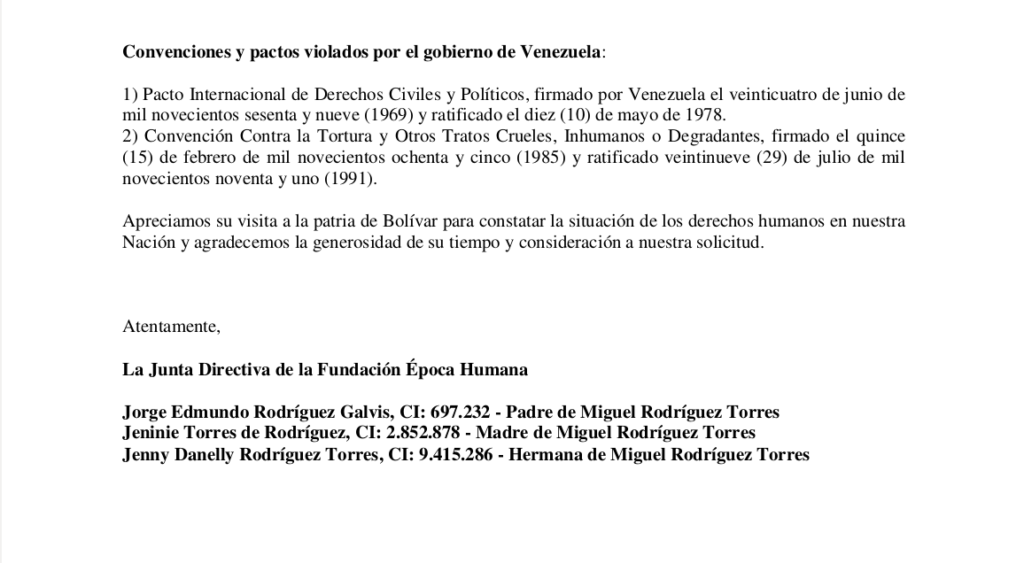 6/6: Texto de la Carta de la Fundación "Época Humana" a la Alta Comisionada Michelle Bachelet. Fuente: Fundación "Época Humana".