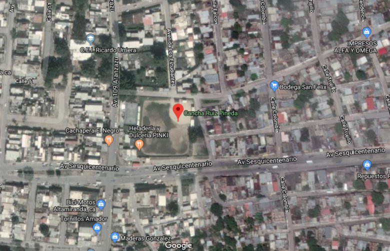 Lugar del suceso: entre las avenidas Aranzazu y Sesquicentenaria, lugar donde se encuentra la cancha del sector Ruiz Pineda. Foto: Googlemaps.