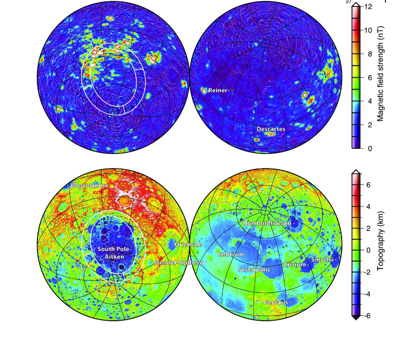 Masa metálica detectada bajo el Polo Sur de la Luna. Imágenes: NASA.