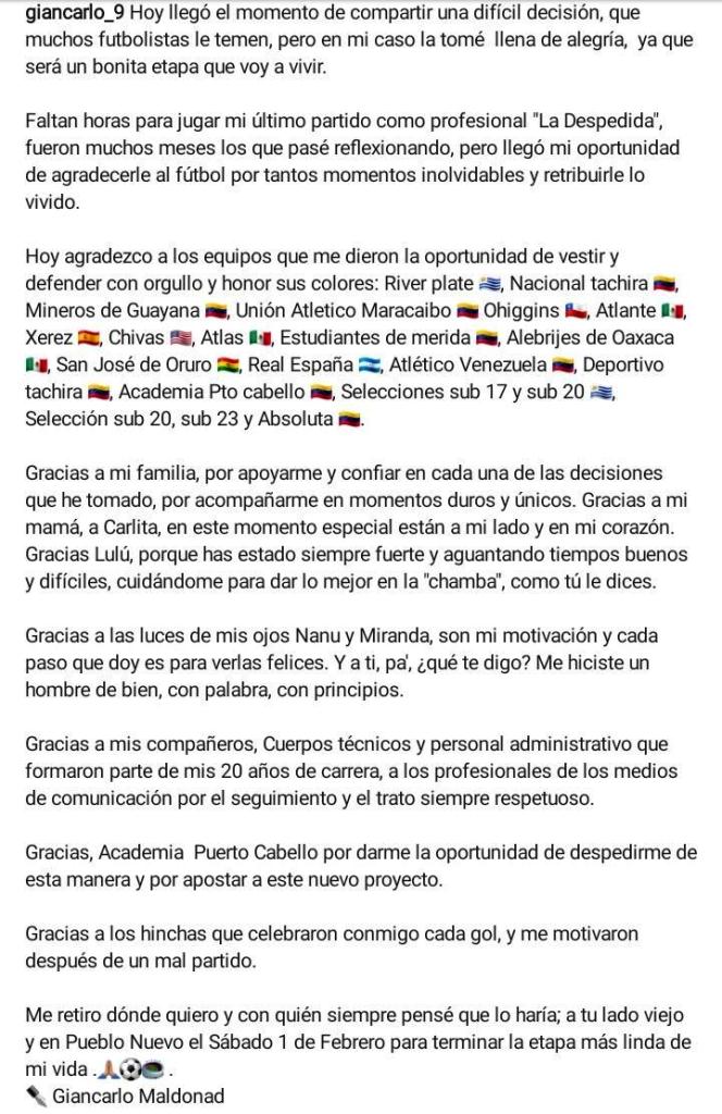 Giancarlo Maldonado se retira - noticiasACN