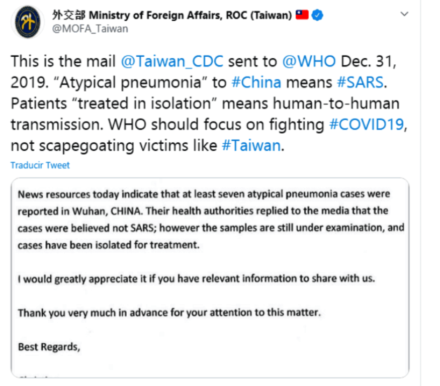 Taiwán reveló que OMS sabía del coronavirus - noticiasACN