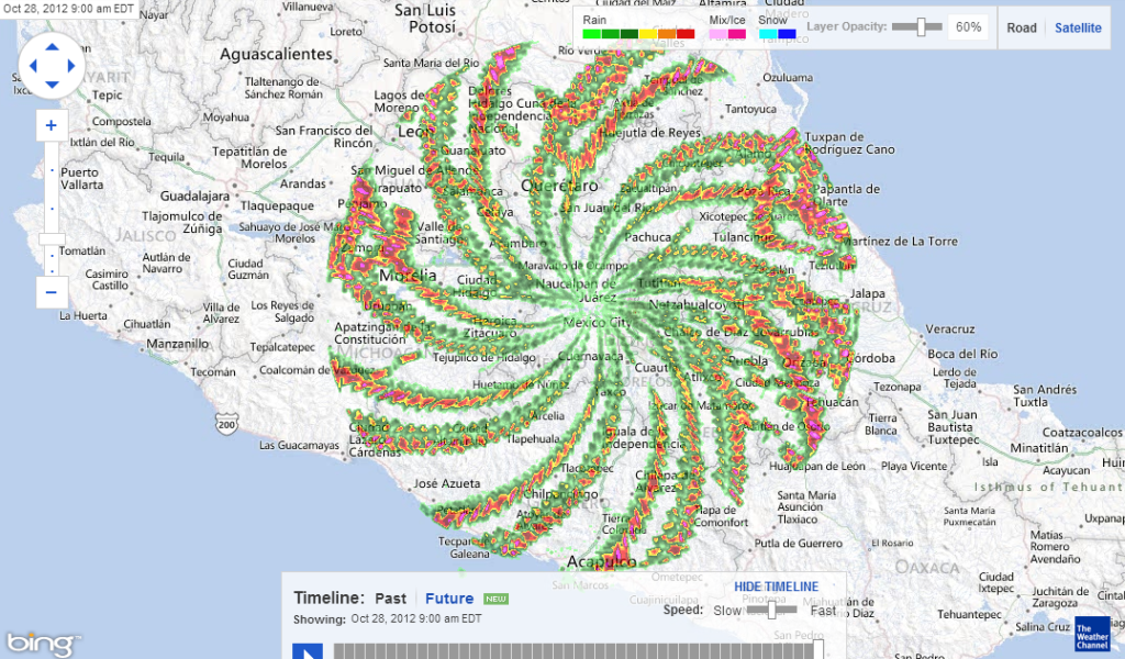 Otra anomalía de radar que apareció sobre México DF en diciembre de 2012. Gráficos: Cortesía/ The Weather Channel.