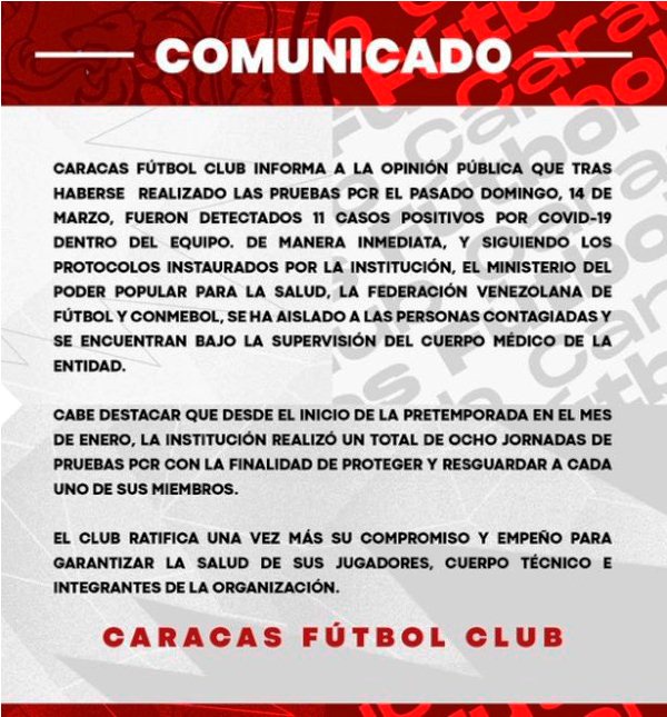 Caracas FC detectó 11 casos de covid