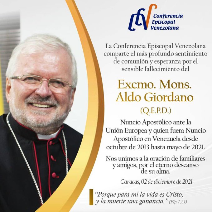 Falleció exnuncio apostólico Aldo Giordano - noticiacn