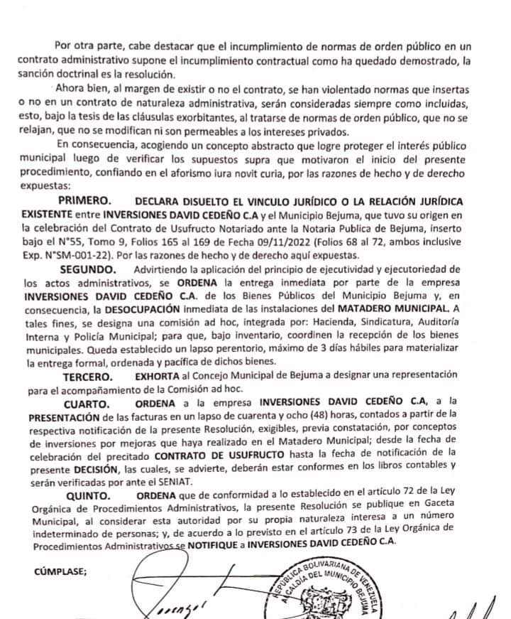 Orden de desalojo Matadero Municipal de Bejuma